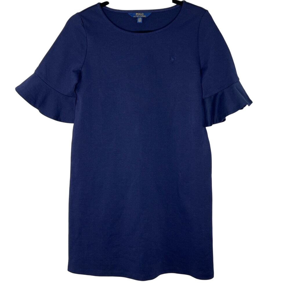 Polo Ralph Lauren Girls Ponte Roma Bell-Sleeve Dress Pony Blue Size Large 12/14